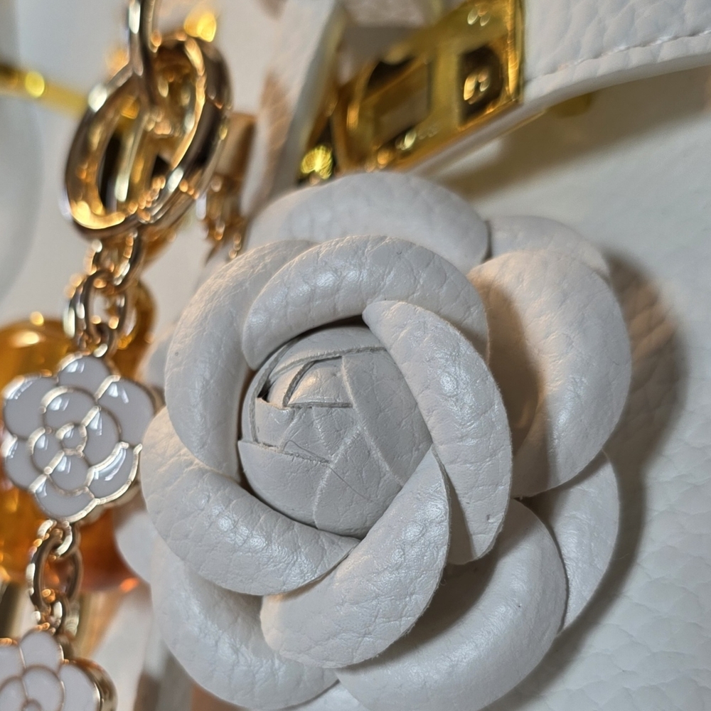 White Camellia Flower Keychain with Gold Accents